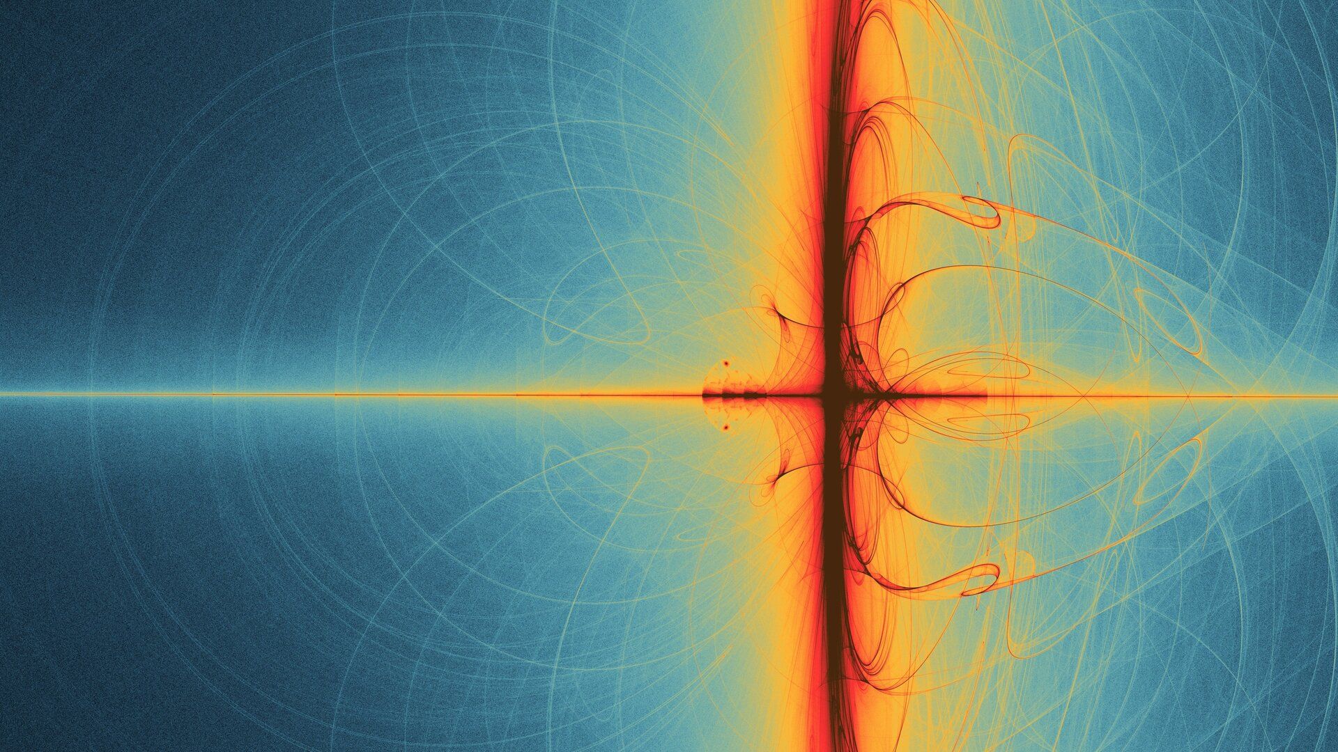 Abstract field lines in orange and red crossing a blue background.